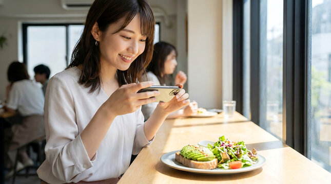 Young Asian woman taking a photo of her healthy salad and avocado toast with her smartphone in a cafe enjoying a healthy lunch capturing the moment