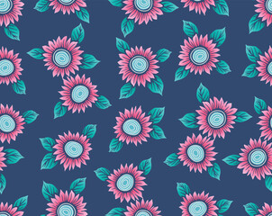 Japanese Pink Circle Flower Leaf Vector Seamless Pattern