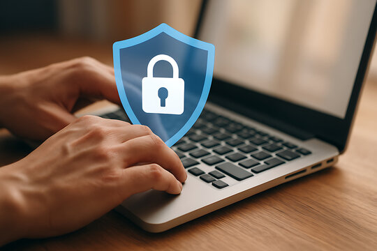 Hands typing on laptop keyboard with digital shield lock icon representing cybersecurity and data protection