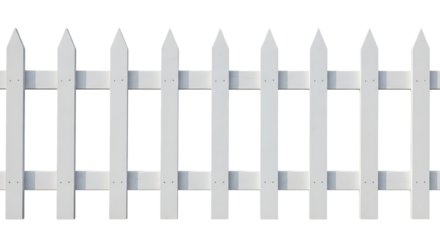 White picket fence section, with pointed tops and horizontal rails, isolated on transparent background, cutout, PNG