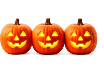 Bright orange carved pumpkins with cheerful expressions, perfectly cut out on a transparent PNG for easy use.