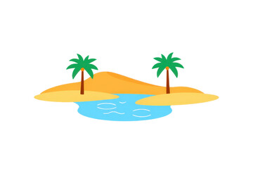 Obraz premium a simple flat 2D icon of an 'oasis', with palm trees and water surrounded by desert sand dunes, minimalist design, solid green, blue, and orange colors, clean sharp lines, no shadows
