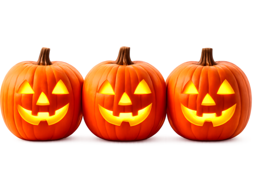 Bright orange carved pumpkins with cheerful expressions, perfectly cut out on a transparent PNG for easy use.