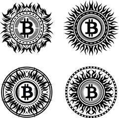  Bitcoin Cryptocurrency Symbol Set Abstract Blockchain Icon, Radiant Sunburst Emblem, Digital Finance & Monochrome Vector Collection