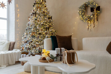Cozy Christmas living room with decorated tree