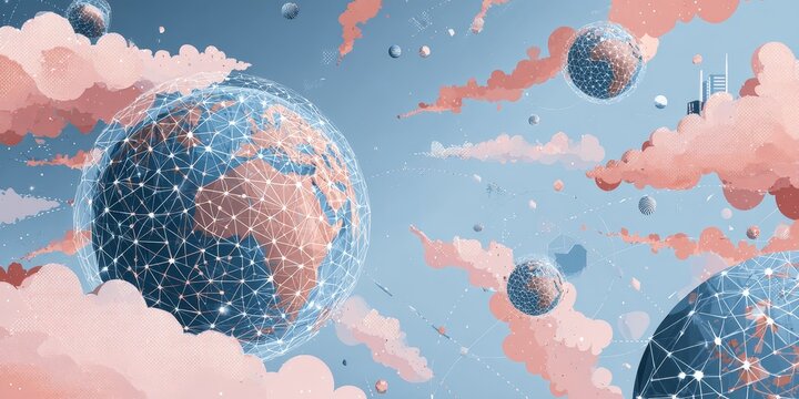 Digital global network connecting planet Earth with pink clouds. World map with interconnected lines. Communication, technology, and futuristic network concept.