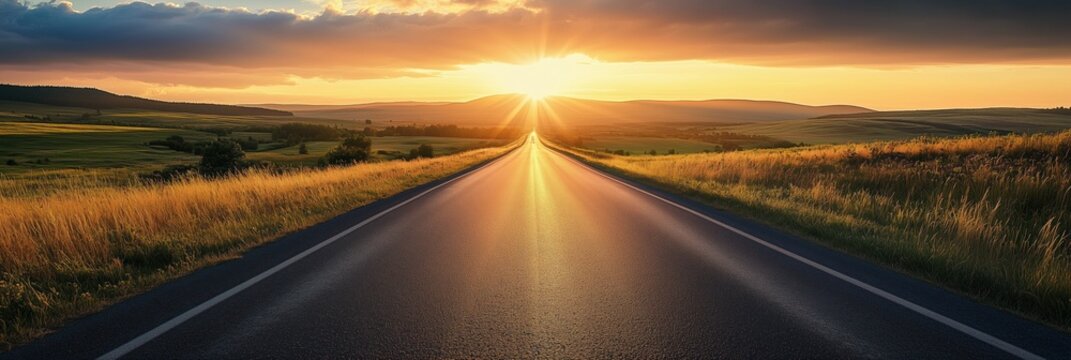 Wide horizontal, scenic photo-realistic view of an open road stretching into the distance, with two lanes and markings, illuminated by bright golden light from a sunrise or sunset