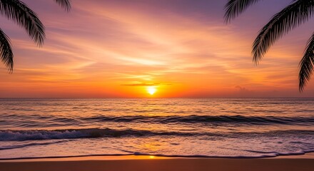 Vibrant orange and purple sunset over the ocean with gentle waves on a sandy beach, framed by silhouetted palm fronds.
