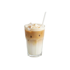 Isolated iced coffee latte drink in glass with cream foam and milk