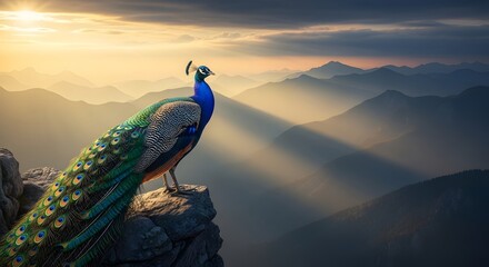 A majestic peacock with vibrant blue and green feathers stands proudly on a rocky cliff overlooking a serene mountain range bathed in golden sunset light.