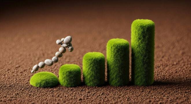 Green grass bar graph showing growth, with a stone arrow pointing up. Business growth and investment concept, representing rising trend and success.