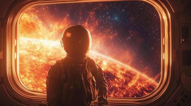 Astronaut gazing at a fiery sun from a spacecraft window