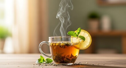 Healthy herbal tea with lemon and mint in glass cup on wooden table indoors