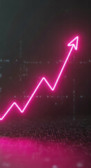 Pink neon arrow pointing upward on graph. Business growth chart with rising trend line. Digital stock market data visualization for investment analysis.