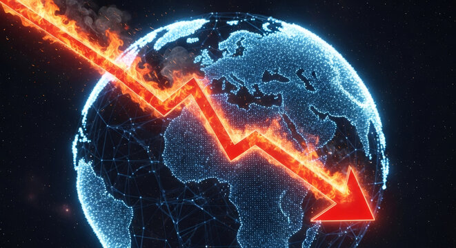 Burning red arrow falling over digital world map showing global economic crisis, financial recession, and market collapse visualization. - Powered by Adobe