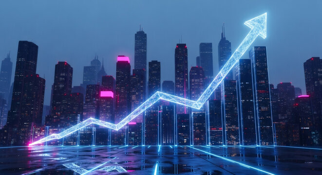 Glowing blue wireframe arrow pointing upward in city skyline. Financial chart for stock market increase and economic growth in urban setting.