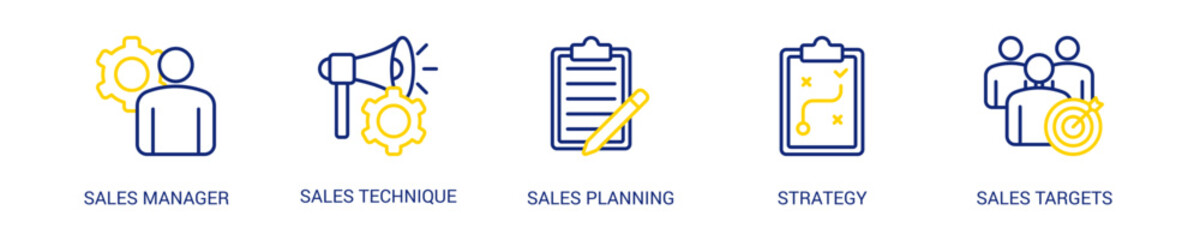 Sales Management Line Color Icon Set For Web Banner. Vector Illustration Concept With Some Icons. Designed In Line Color Style