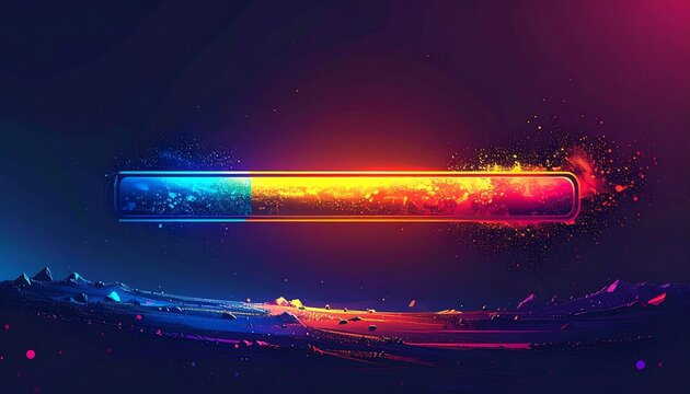 Glowing progress bar with colorful particles over a dark landscape