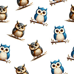 Fototapeta premium a beautiful owl, a predatory forest bird. Seamless texture, pattern. Watercolor illustration, artificial intelligence generator, AI, neural network image. background for the design