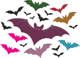 Flying black bat silhouette collection with spooky red eyes for Halloween night decoration, scary horror theme vector design on white background