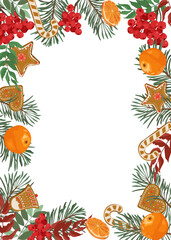 A Christmas frame with fir branches, rowan berries, gingerbread, gifts, and tangerines. With space for your text. Vector illustration.