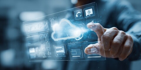 Man touching virtual cloud computing interface. Digital data storage and network technology. Global internet connection and cybersecurity concept.
