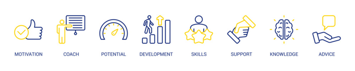 Coaching Line Color Icon Set For Web Banner. Vector Illustration Concept With Some Icons. Designed In Line Color Style