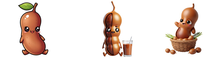 Three cartoon tamarind characters in various poses against a solid color studio style setting display on transparent background
