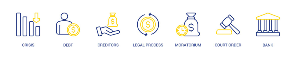 Bankruptcy Line Color Icon Set For Web Banner. Vector Illustration Concept With Some Icons. Designed In Line Color Style