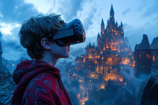 Focused person using high-tech vr headset in neon futuristic space, digital scanning interface, generative AI