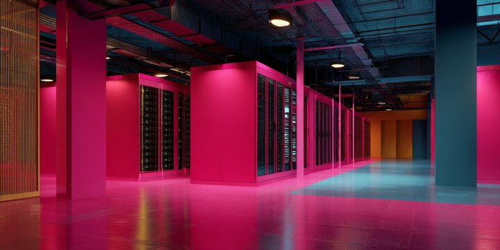 Modern data center interior with rows of pink server racks. Information technology infrastructure for cloud computing and AI. Futuristic digital hub.