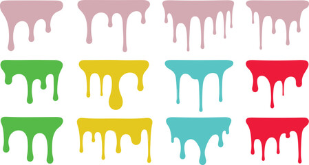 Glossy black dripping liquid vector set with smooth flowing drops, shiny melt shapes, dark slime drip elements for graphic design