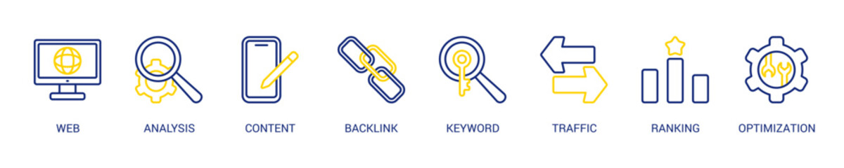 Seo Line Color Icon Set For Web Banner. Vector Illustration Concept With Some Icons. Designed In Line Color Style
