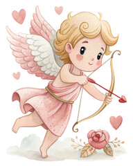 Vintage Cupid Valentine Watercolor Illustration 