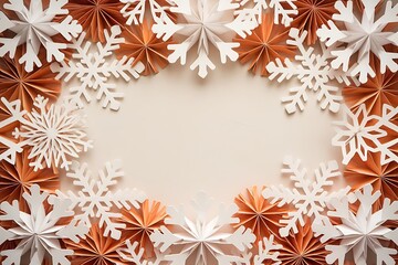 Beautiful Winter Holiday Paper Snowflake Craft Decorations Framing a Blank Beige Canvas 