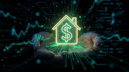 A glowing digital house with a dollar sign held in a hand, surrounded by financial data and tech lines, representing real estate investment and digital finance. - Powered by Adobe