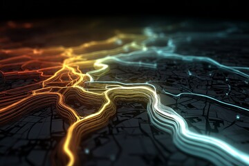Abstract glowing lines illustrating data flow or energy with intricate paths over a dark background, representing digital communication and advanced network concept.