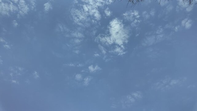 A wide‑angle view of a clear blue sky filled with scattered altocumulus and cirrocumulus clouds ideal for time‑lapse movement.