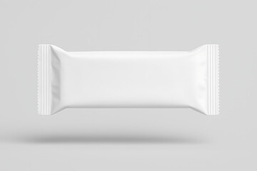 Blank white horizontal protein energy granola chocolate candy bar snack packaging wrapper foil floating on a neutral gray background mockup
