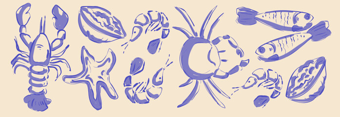 Fototapeta premium Italian summer seafood sketch set with sea creatures - lobster and crab, shrimps and starfish, mussels and fish. Hand drawn blue ink beach food. Mediterranean cuisine icons for coastal restaurant.