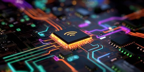 Macro close up of a circuit board with glowing wifi icon on a processor. Modern technology and digital communication concept. Future of internet connection.