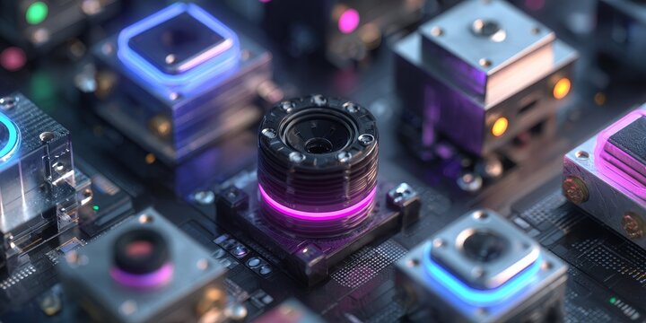 Close up of a highly advanced microchip. Futuristic quantum computer processing unit with vibrant neon light. AI technology concept for data center.