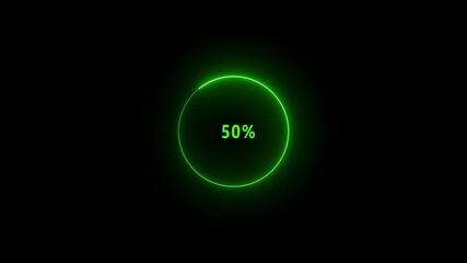 Green neon circle with 30 percent loading indicator on black background progress