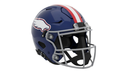 A detailed football helmet featuring a blue design with red and white stripes and an eagle logo, isolated on white background, transparent background.