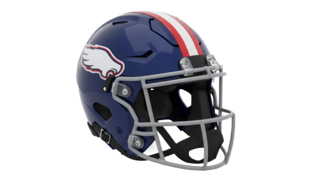 A detailed football helmet featuring a blue design with red and white stripes and an eagle logo, isolated on white background, transparent background.