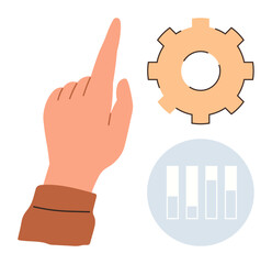 Obraz premium Hand gesture indicating a gear and bar chart, symbolizing settings, analytics, growth. Ideal for business, management, technology, planning statistics teamwork strategy. A simple flat metaphor