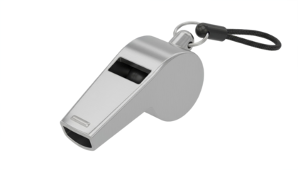 A shiny silver whistle designed for sports and signaling, featuring a textured surface and keychain attachment, isolated on white background, transparent background.