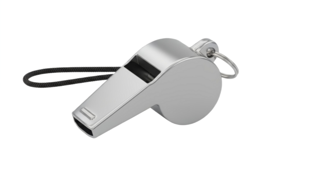 A sleek, metallic whistle with a keychain attachment, designed for use in sports and signaling, isolated on white background, transparent background.