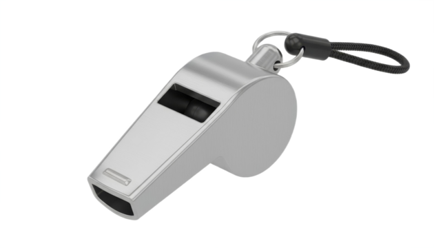 A shiny silver whistle designed for sports and signaling, featuring a textured surface and keychain attachment, isolated on white background, transparent background.