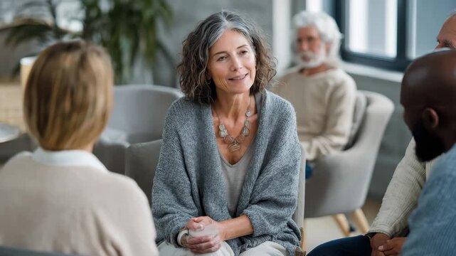 Group therapy session with older adults engaged in discussion and support in a calm setting